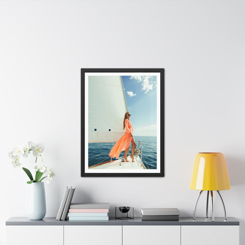 On the boat 2 - Elegant Framed Poster - Sailing Woman in Coral Dress - Nautical Wall Art
