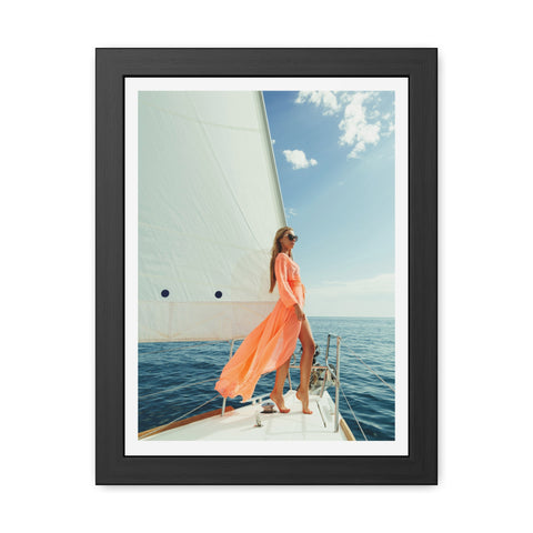 On the boat 2 - Elegant Framed Poster - Sailing Woman in Coral Dress - Nautical Wall Art