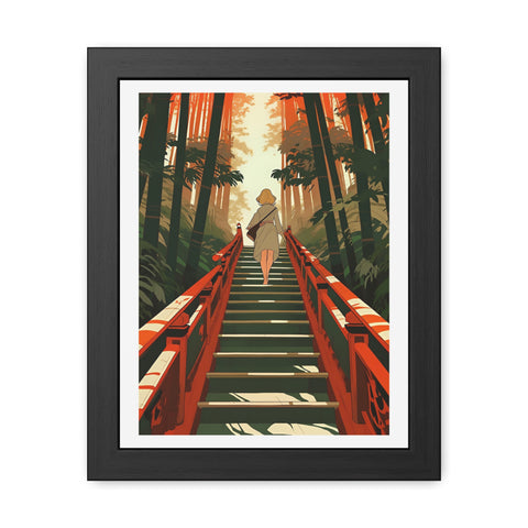 Into the Forest - Tranquil Nature Framed Poster - Serene Stairs through Bamboo Forest