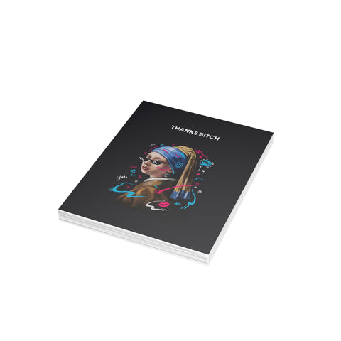 “Thanks Bitch” Girl with Pearl Reimagined Greeting Card — Thank you Greeting Card - Illustrated, Funny, Snarky, Modern