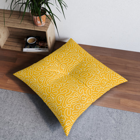 Scribbles (Yellow) - Tufted Floor Pillow, Square