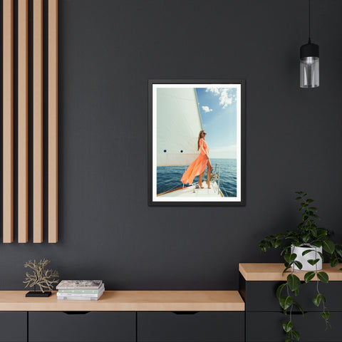 On the boat 2 - Elegant Framed Poster - Sailing Woman in Coral Dress - Nautical Wall Art