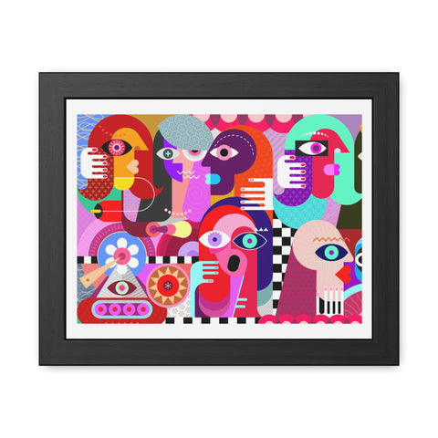A Busy Day - Vibrant Framed Art Poster - Colorful Abstract Faces Design