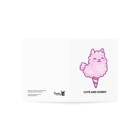 'Cute and Horny' Pink Cotton Candy Llama Greeting Card — Humorous Greeting Card - Illustrated, Funny, Snarky, Modern