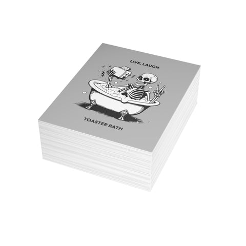“Live, Laugh, Toaster Bath” Skeleton Bathtub Greeting Card — Humorous Greeting Card - Illustrated, Funny, Snarky, Modern