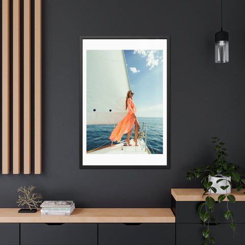 On the boat 2 - Elegant Framed Poster - Sailing Woman in Coral Dress - Nautical Wall Art