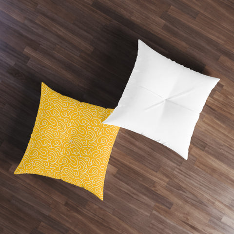 Scribbles (Yellow) - Tufted Floor Pillow, Square