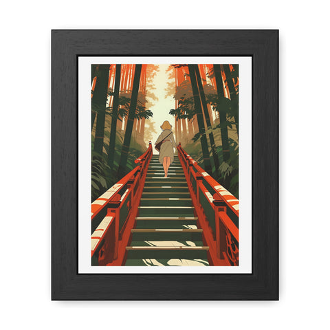 Into the Forest - Tranquil Nature Framed Poster - Serene Stairs through Bamboo Forest