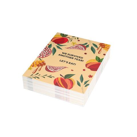 “We Survived Another Year! Let’s Eat!” Floral Fruit Celebration Greeting Card — Rosh Hashanah / Holiday Greeting Card - Illustrated, Modern