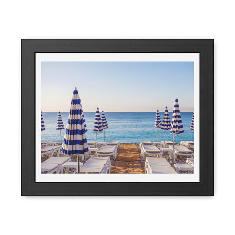 Blue Umbrellas - Beachfront Relaxation Framed Poster - Coastal Decor for Summer Vibes