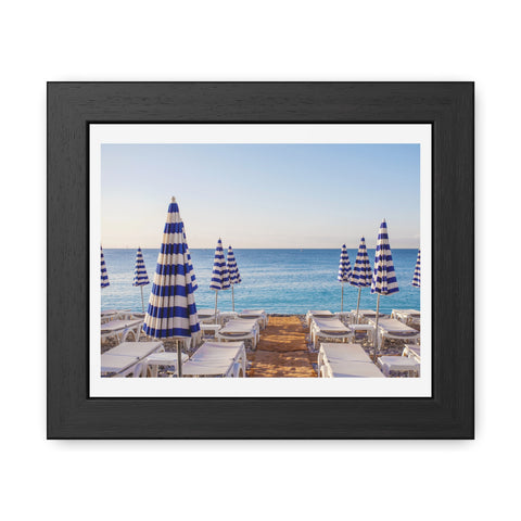 Blue Umbrellas - Beachfront Relaxation Framed Poster - Coastal Decor for Summer Vibes