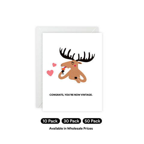"Congrats, You’re Now Vintage" Moose Greeting Card — Birthday Greeting Card - Illustrated, Funny, Snarky, Modern