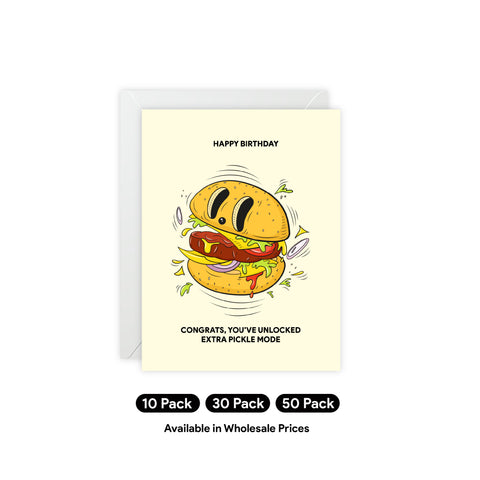 "Congrats, You've Unlocked Extra Pickle Mode" Birthday Greeting Card — Birthday Greeting Card - Illustrated, Funny, Snarky, Modern