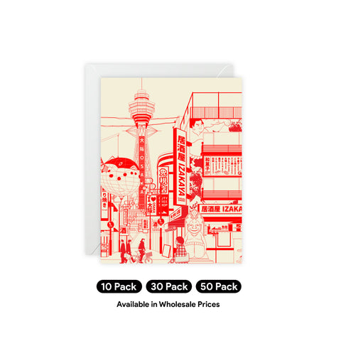 Red Osaka Street Scene Greeting Card — Japan / Abstract Greeting Card - Illustrated, beautiful, any occasion