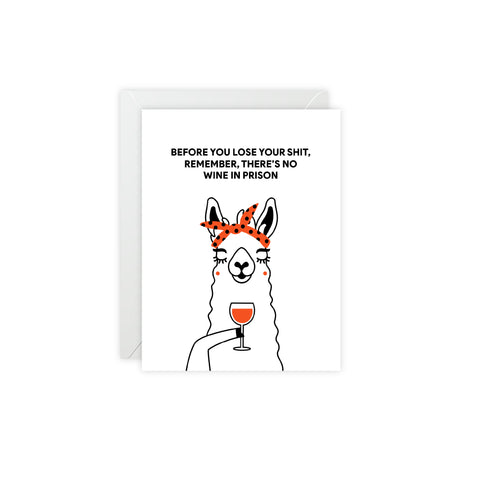 'Before you lose your shit, remember there's no wine in prison' Funny Llama Greeting  Card – Humorous Greeting Card - Illustrated, Funny, Snarky, Modern