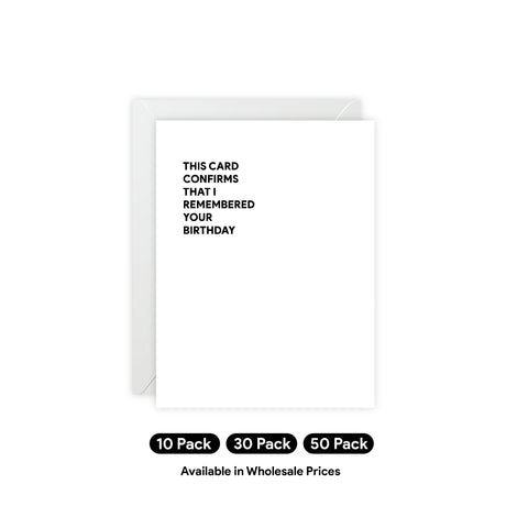 "This Card Confirms That I Remembered Your Birthday" Birthday Card – Birthday Greeting Card - Illustrated, Funny, Snarky, Modern