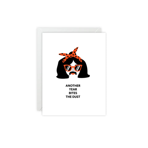 "Another Year Bites the Dust" Retro Woman Birthday Card — Birthday Greeting Card - Illustrated, Funny, Snarky, Modern