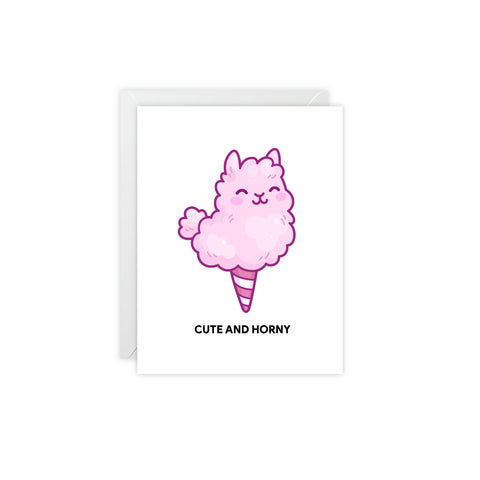 'Cute and Horny' Pink Cotton Candy Llama Greeting Card — Humorous Greeting Card - Illustrated, Funny, Snarky, Modern