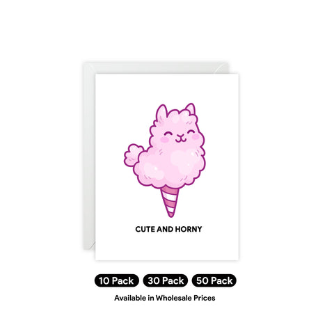 'Cute and Horny' Pink Cotton Candy Llama Greeting Card — Humorous Greeting Card - Illustrated, Funny, Snarky, Modern